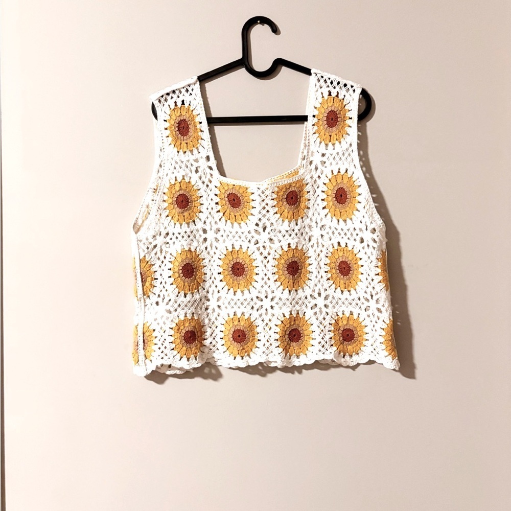 Crochet 100% cotton top sunflower one size summer, casual,  relax